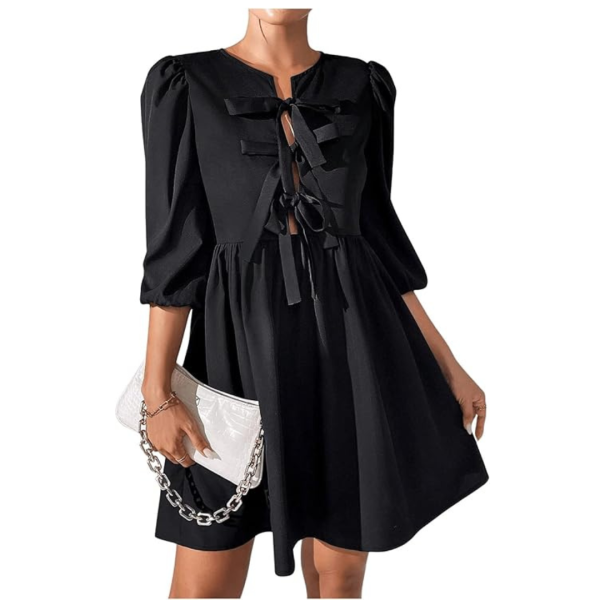 Women s Tie Front Puff 3 4 Sleeve Short Dress Online now